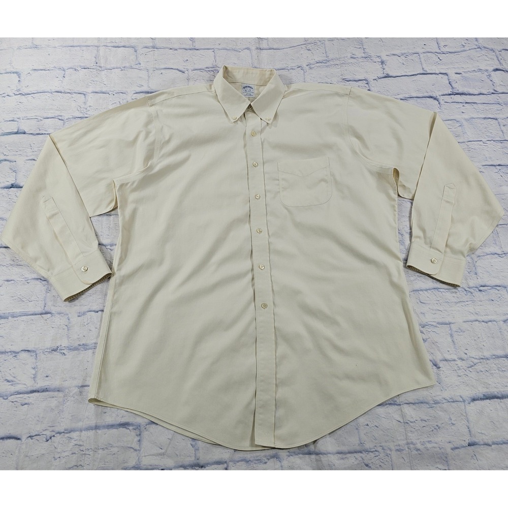 Brooks Brothers Button Shirt Men 17.5 Cream Oxford Long Sleeve Classic Pocket